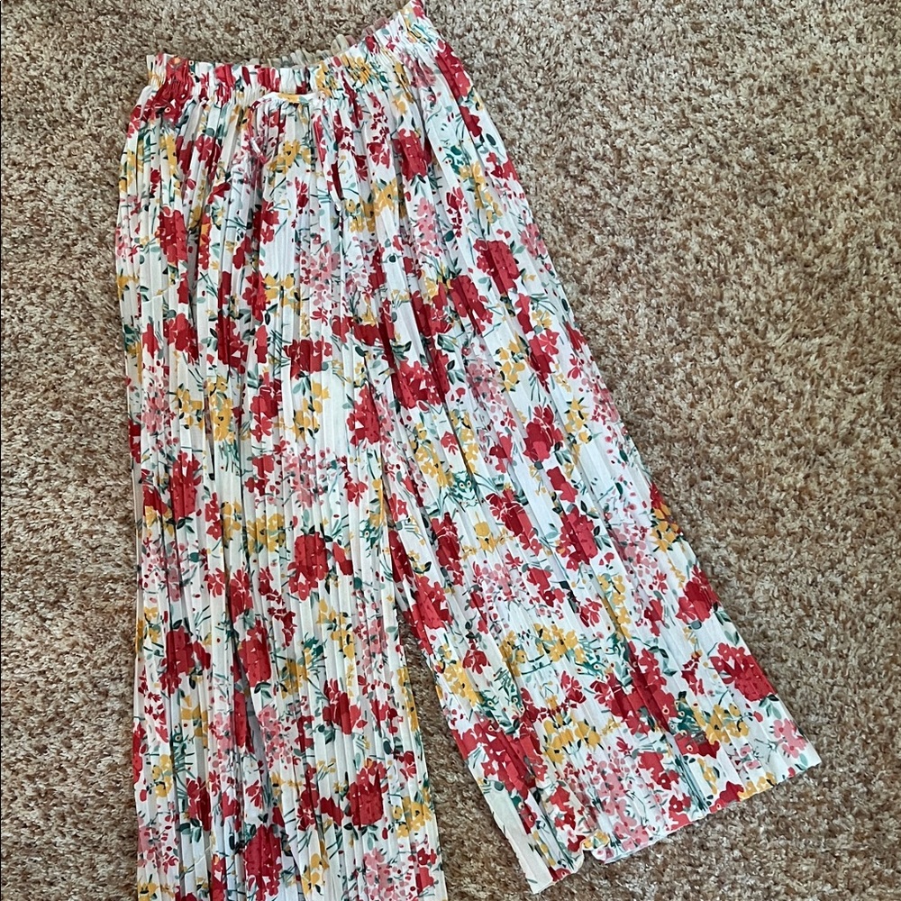 Zara Floral Maxi Wide Leg Pants - Red and Yellow